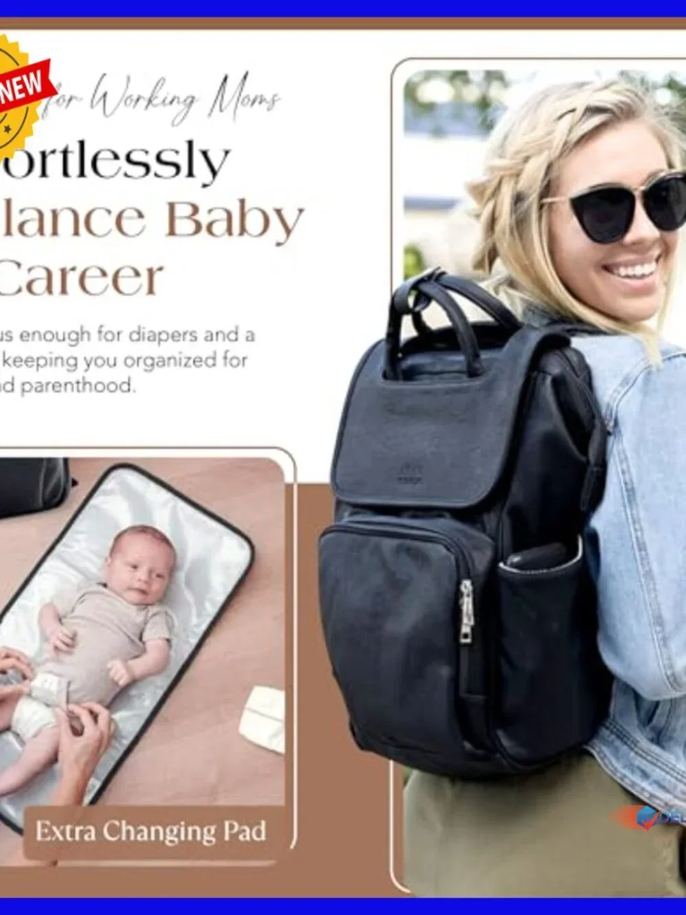 Large Vegan Leather Diaper Backpack with Insulated Pockets & Changing Pad